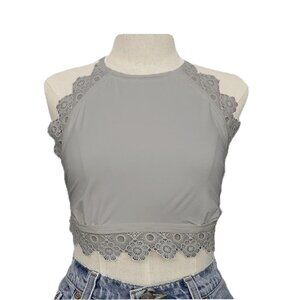 aerie | sheer floral scallop crochet lace halter racerback crop bralette | sz l